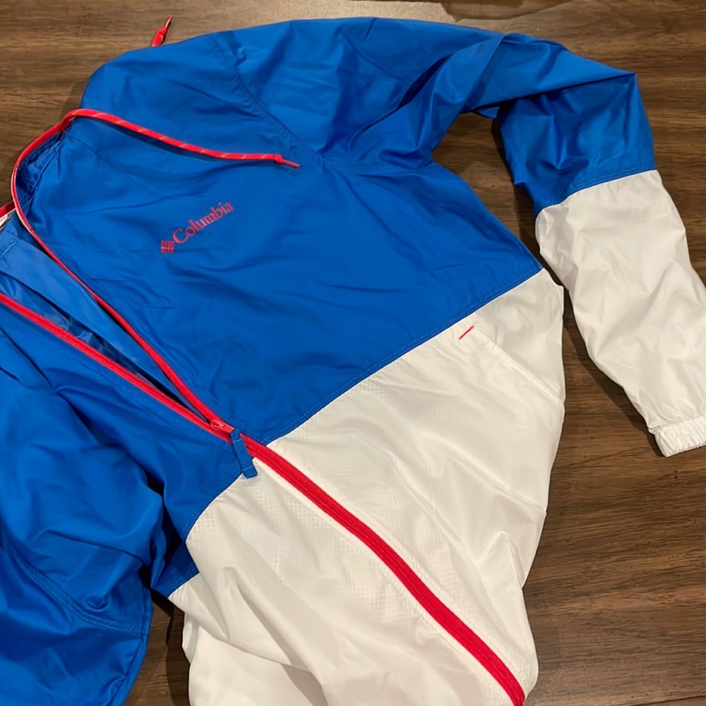 Columbia L lightweight zipup wind breaker with hood, drawstring, & zipup pockets
